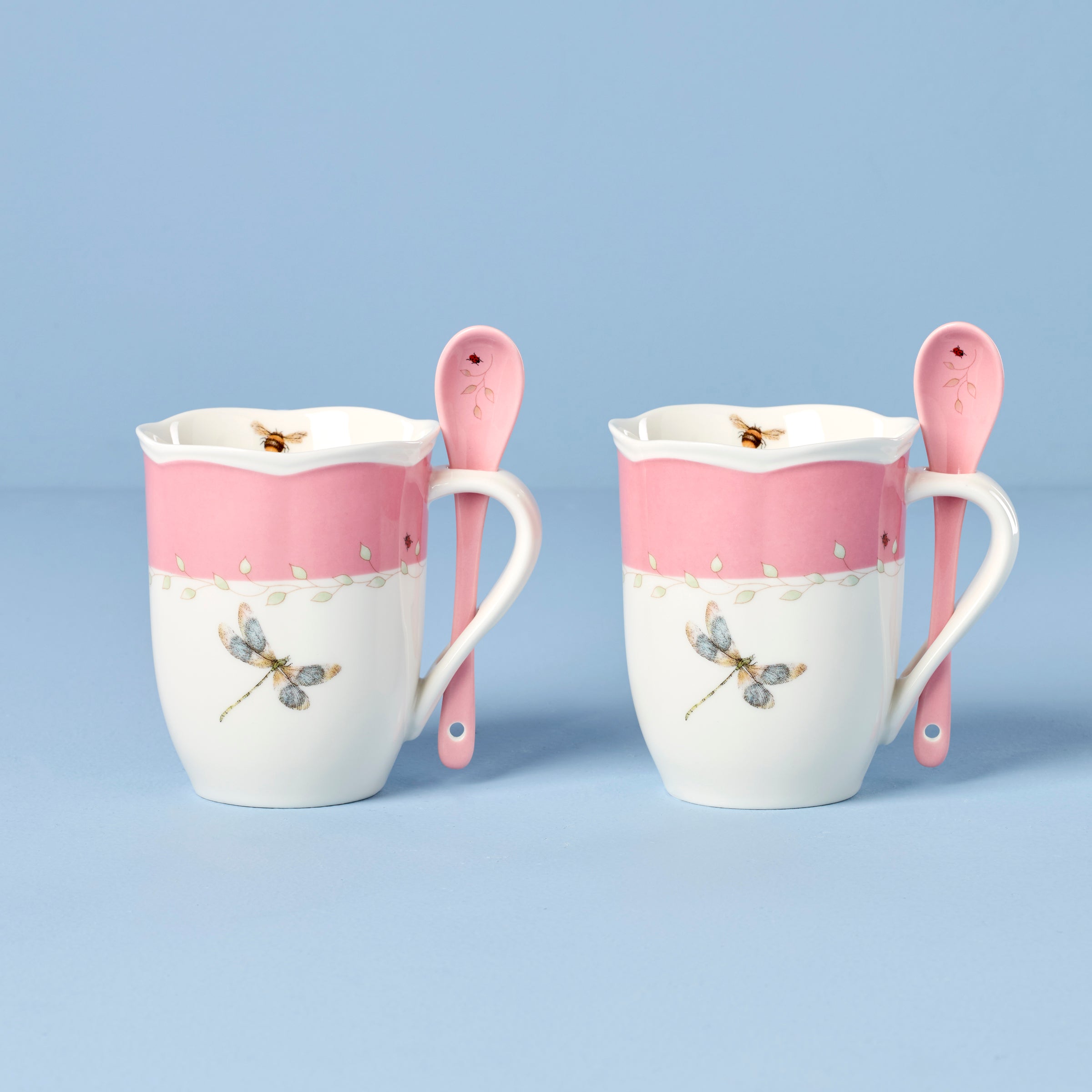 Lenox Westmore Butterfly Meadow Pink Mugs with Spoons, Set of 2