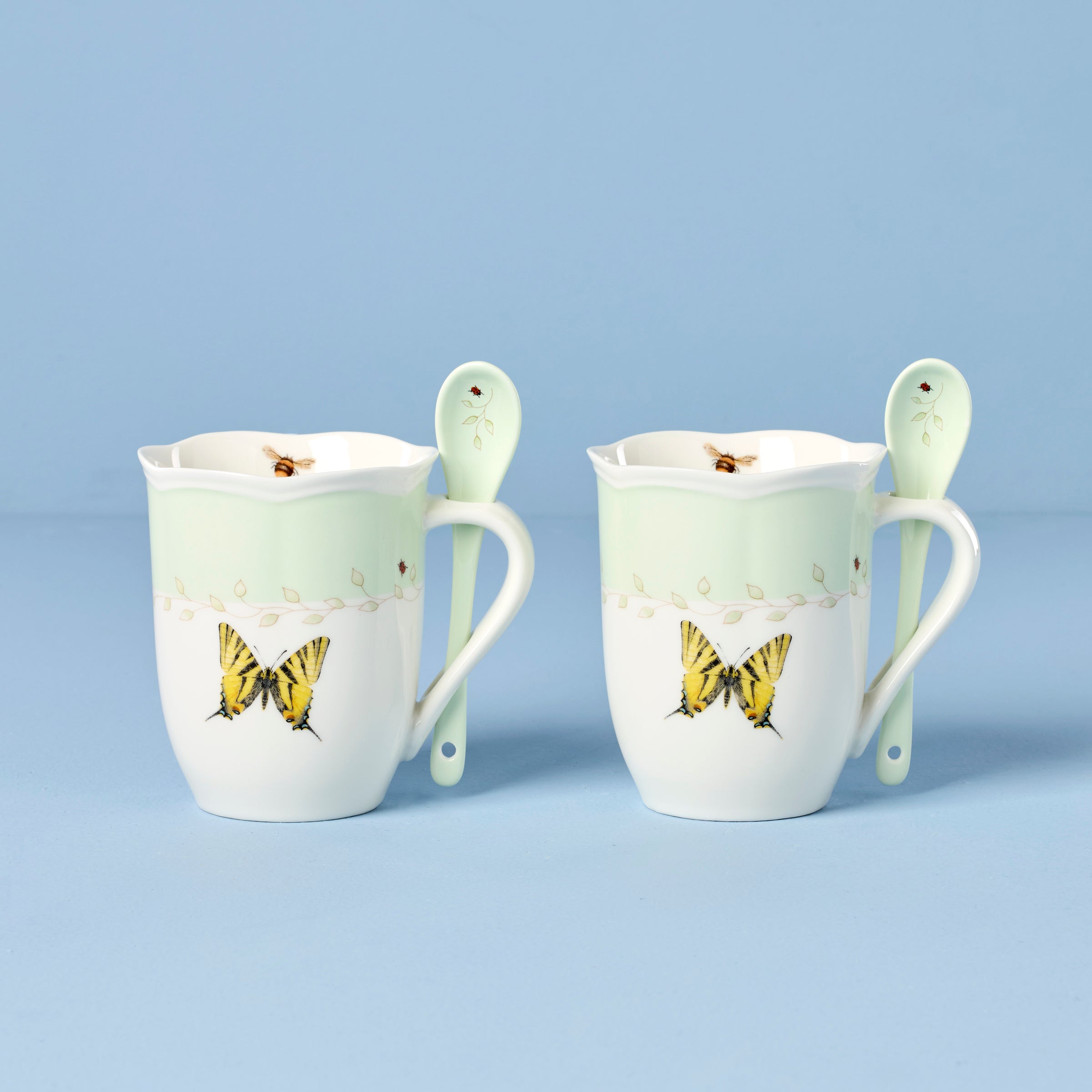 Lenox Westmore Butterfly Meadow Green Mugs with Spoons, Set of 2