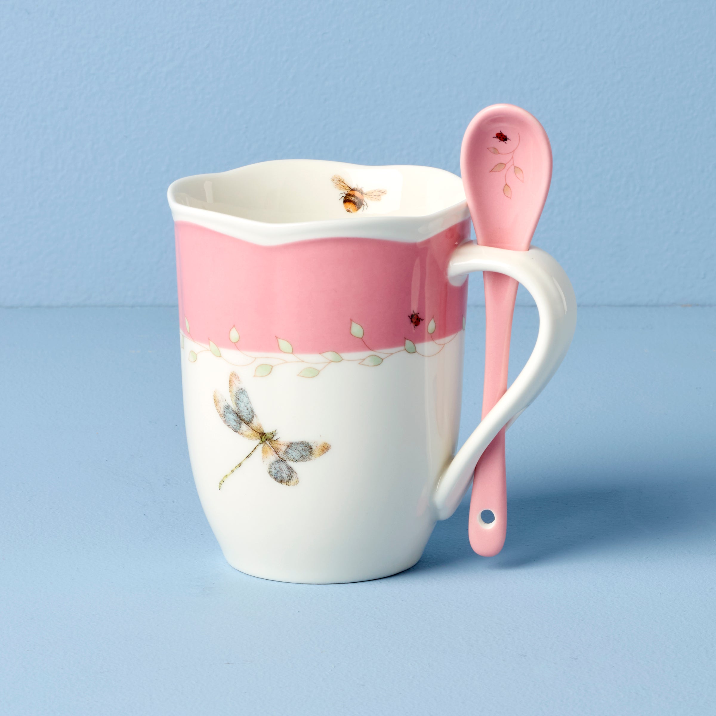 Lenox Westmore Butterfly Meadow Pink Mugs with Spoons, Set of 2 - Image 3