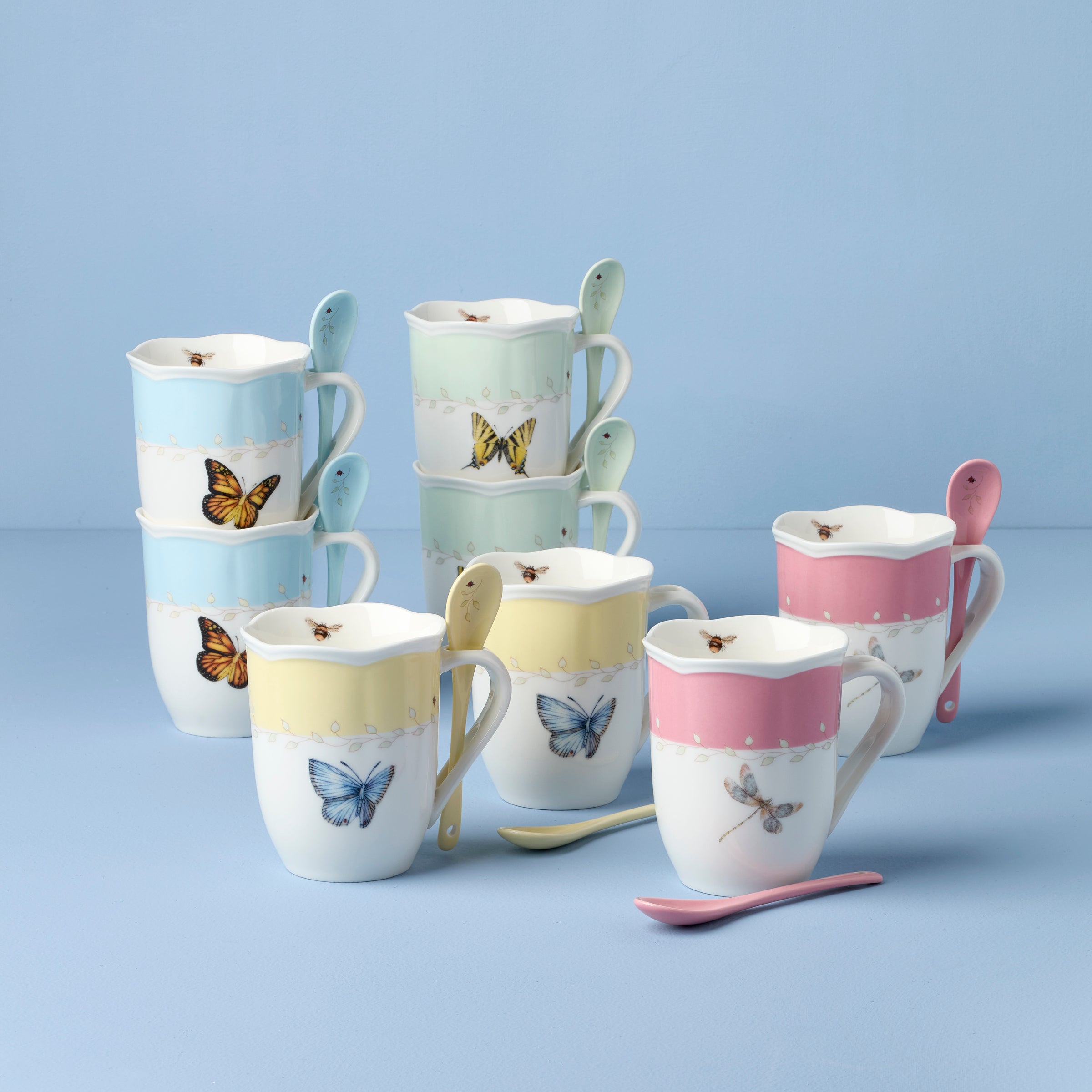 Lenox Westmore Butterfly Meadow Color Mugs with Spoons, Set of 8