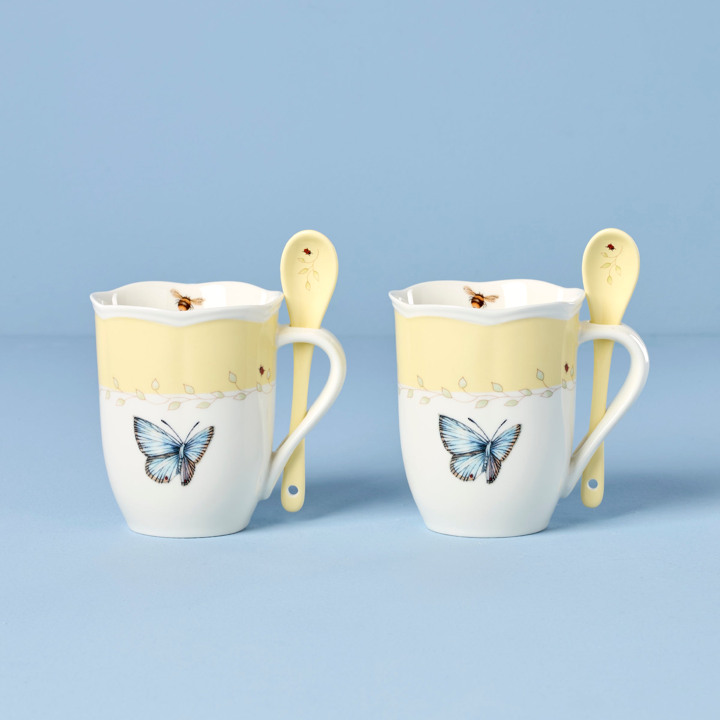 Lenox Westmore Butterfly Meadow Yellow Mugs with Spoons, Set of 2