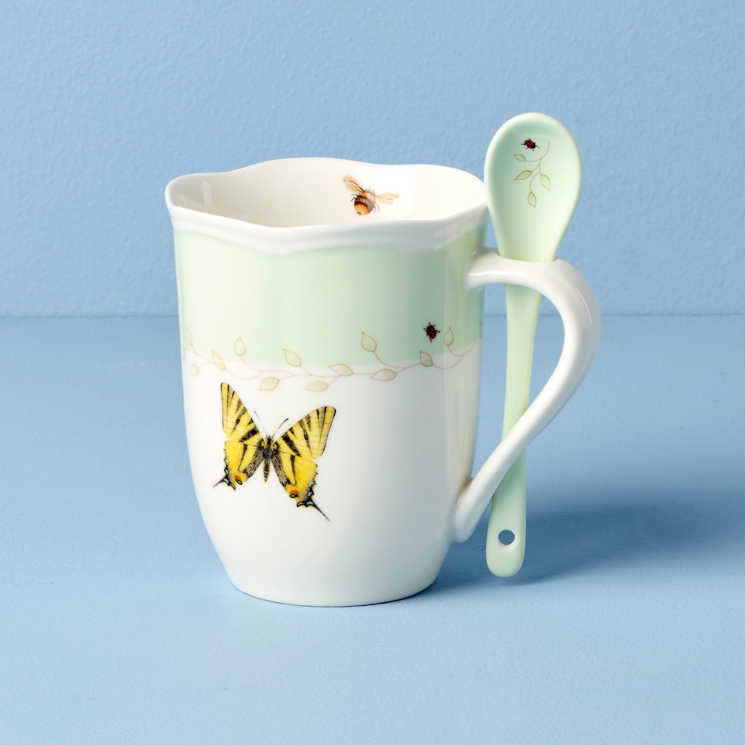 Lenox Westmore Butterfly Meadow Green Mugs with Spoons, Set of 2 - Image 3